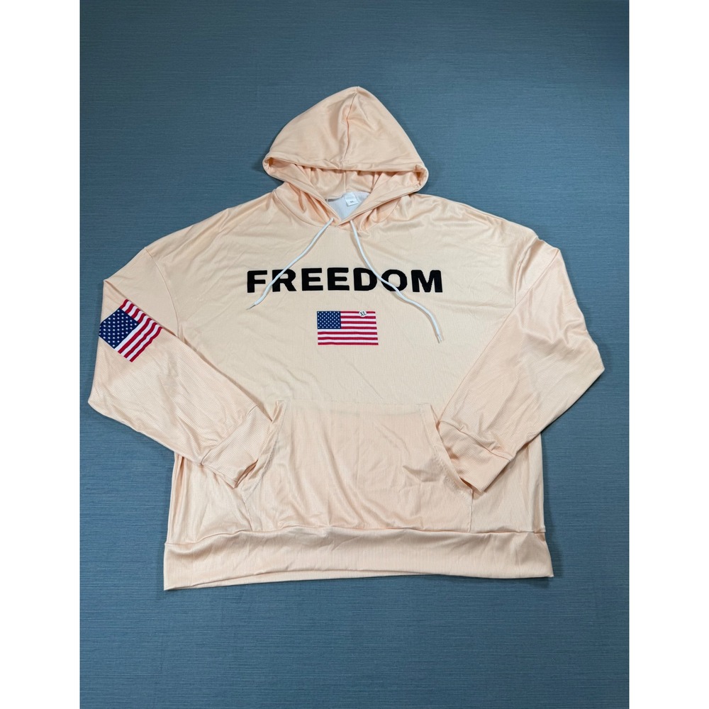 Freedom American Flag Ribbed Hoodie Peach XL Patriotic Graphic Pullover